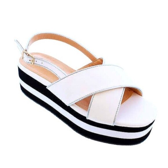 Womens White Black Wedge Sandals Size 7 & 8  Comfy Summer Slingback Shoes - Picture 1 of 8